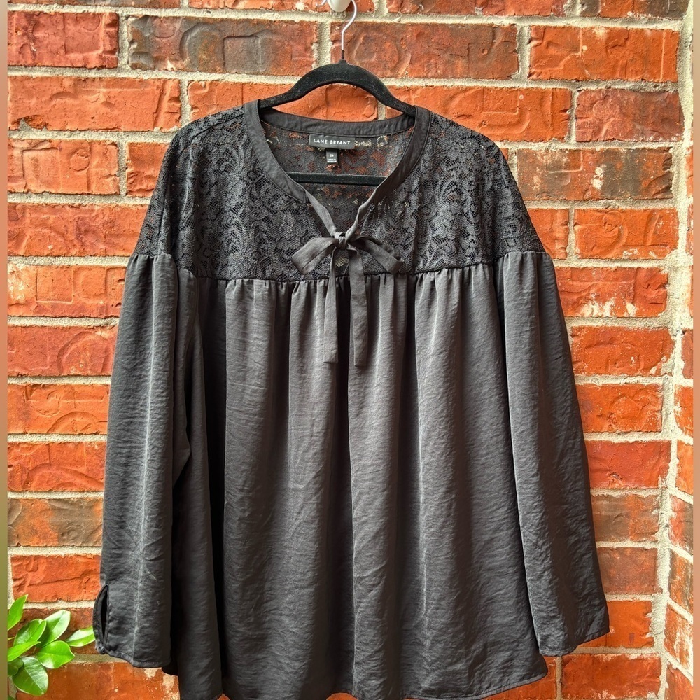 Lane Bryant 26 Black Lace Shoulder Bow Tie Long Sleeve Blouse Career Office